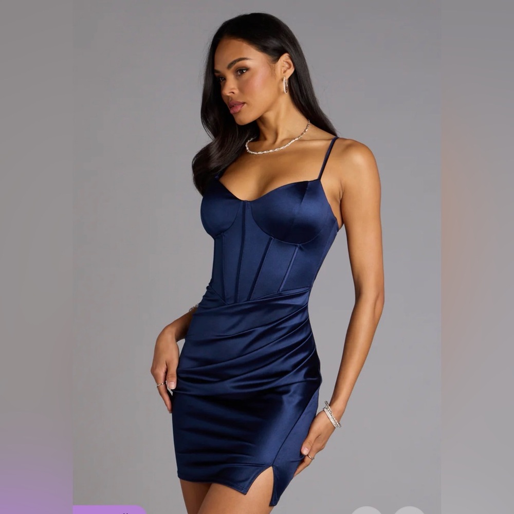 Elegant Navy Blue Satin Slip Dress